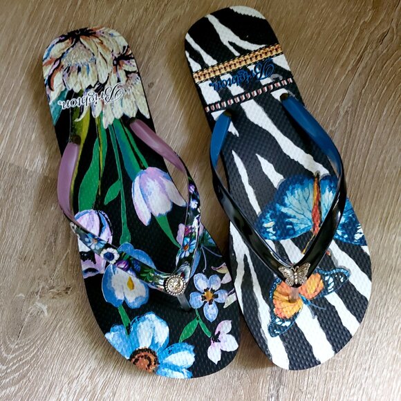 Brighton Shoes - Brighton Black Floral Noir Jardin Mismatched  Flip Flops - Size 10